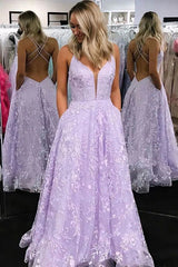 Long Open Back Appliques Lace Tulle A-Line Prom Dress With Pockets