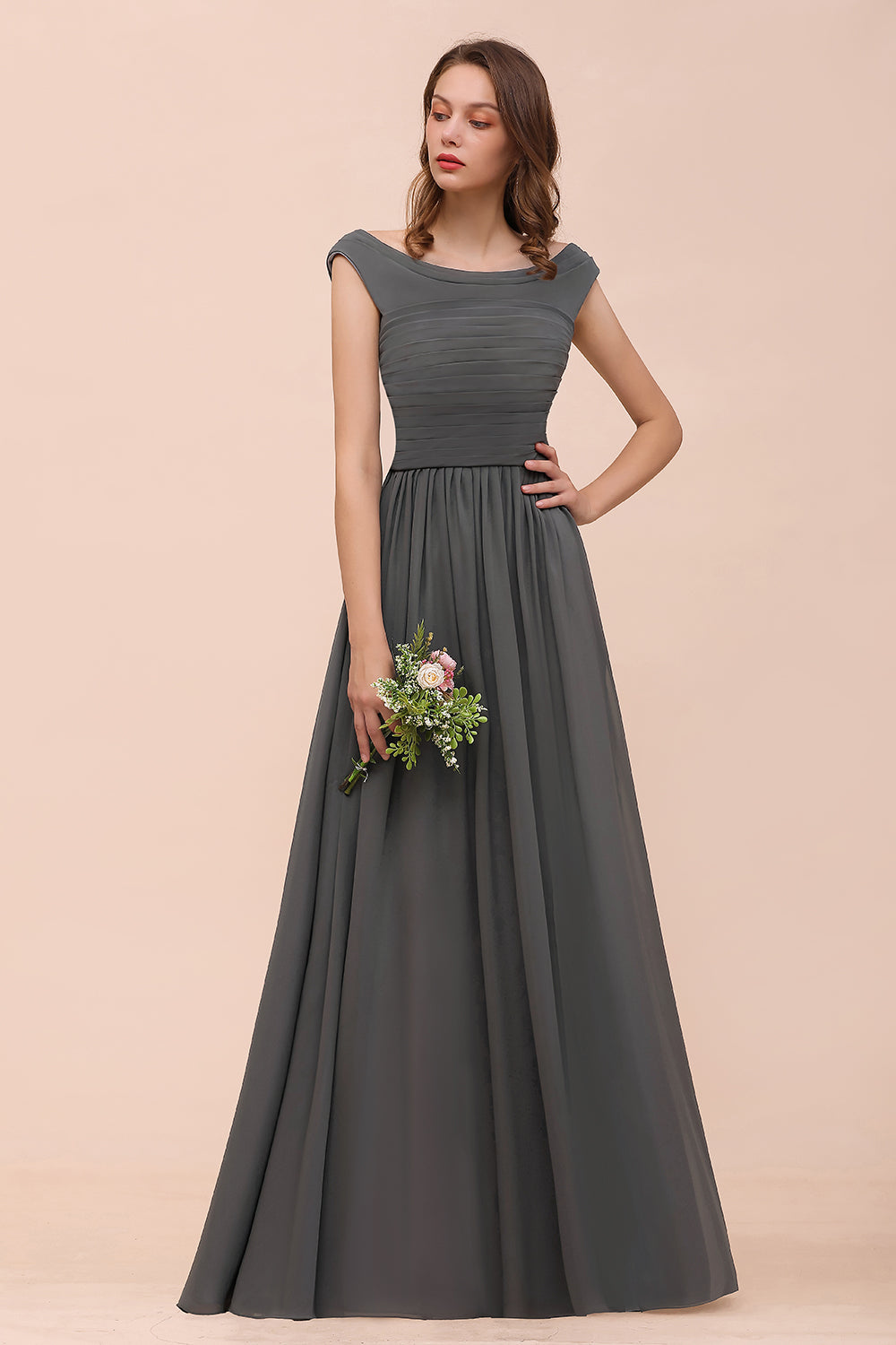 Long A-line Off the Shoulder Ruffle Steel Grey Bridesmaid Dress with Slit