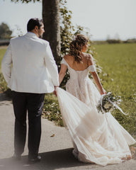 Long A-line Off the Shoulder Tulle Boho Wedding Dress with Lace