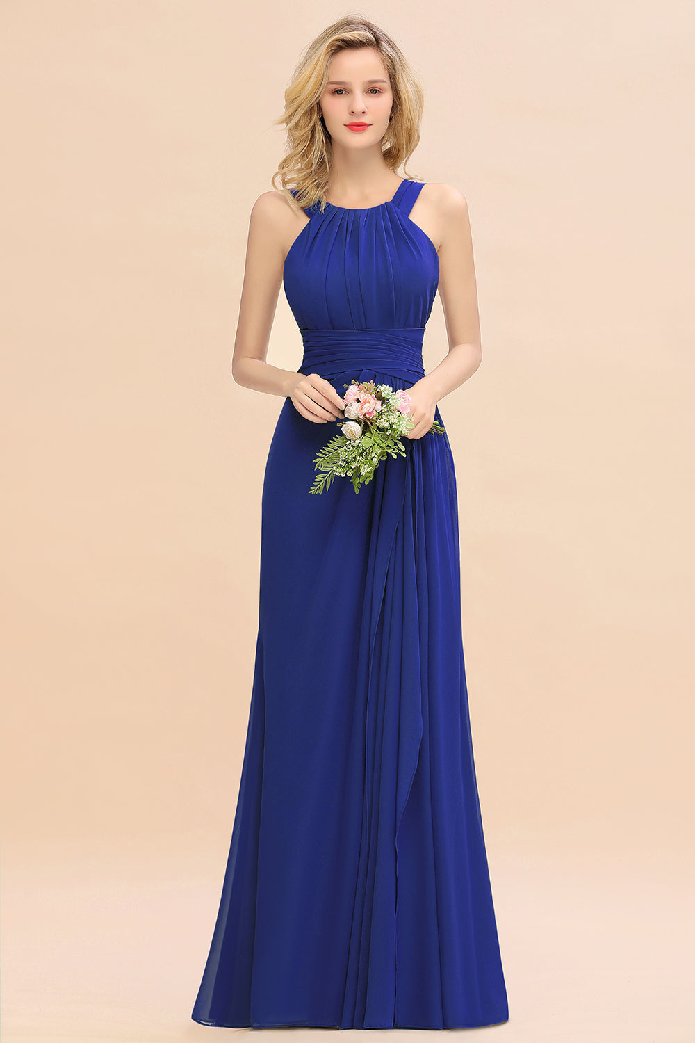 Long A-line Halter Chiffon Backless Floor Length Bridesmaid Dresses