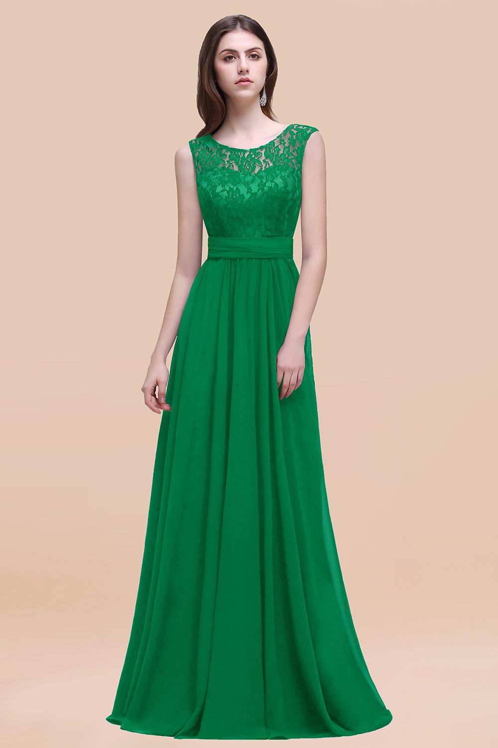 Elegant A-line Chiffon Lace Scoop Sleeveless Floor Length Bridesmaid Dress