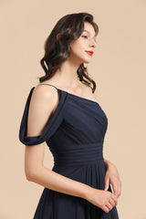 Long A-line Chiffon One Shoulder Dark Navy Wedding Party Dresses