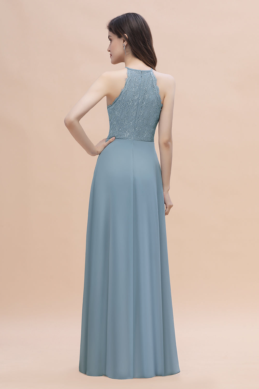 Halter Appliques Lace A-Line Chiffon Floor Length Bridesmaid Dress With Pockets