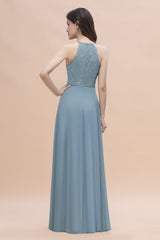 Halter Appliques Lace A-Line Chiffon Floor Length Bridesmaid Dress With Pockets