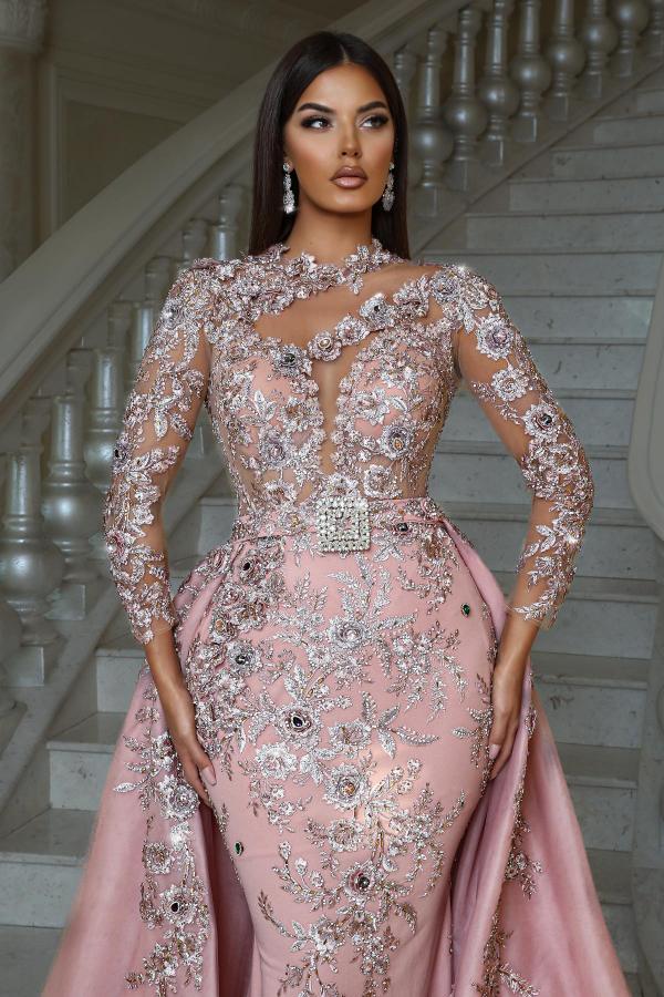 Long Sleeves Satin Mermaid Floor Length Prom Dress with Detachable Train