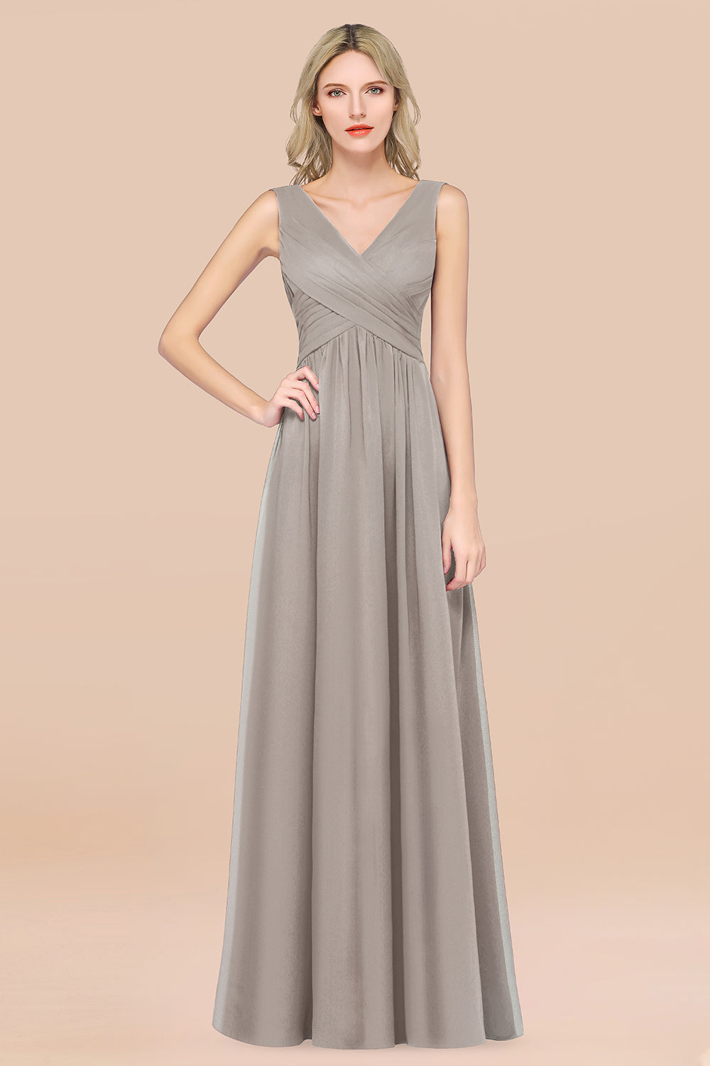 A-Line Chiffon Straps V-Neck Sleeveless Floor Length Bridesmaid Dress with Ruffles