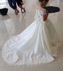 Beautiful Long A-line Satin Lace Flower Girl Dress with Beads