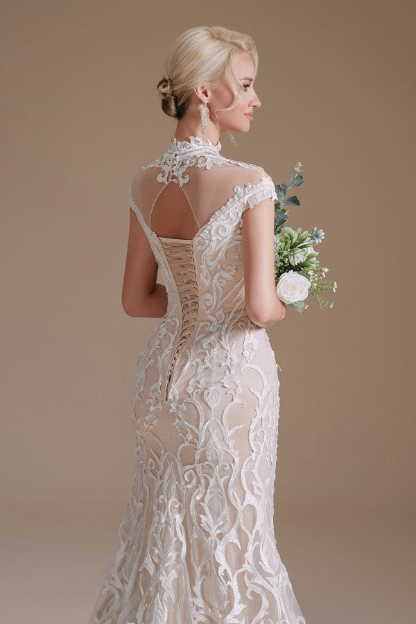 Vintage Long Mermaid High Neck Lace Wedding Dress with sleeves