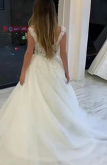 Elegant Long V-neck Wide Straps Appliques Lace Pearl Tulle A-Line Wedding Dress