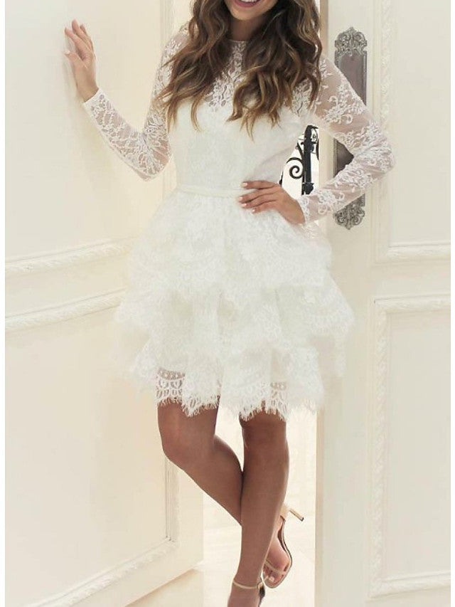 Short A-line Jewel Neck Lace Wedding Dresses with Sleeves