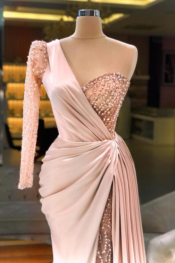 Mermaid One Shoulder Satin Long Beading Prom Dresses with High Split