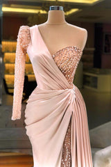 Mermaid One Shoulder Satin Long Beading Prom Dresses with High Split