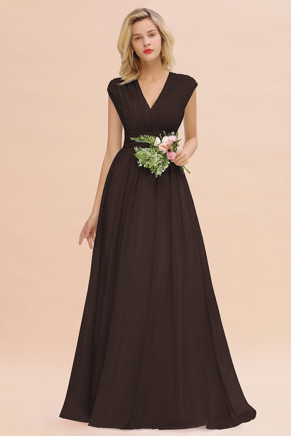 Chiffon V-Neck Sleeveless Elegant A-line Ruffles Bridesmaid Dress