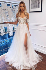 White Long A Line Lace Off The Shoulder Tulle Lace Boho Wedding Dress