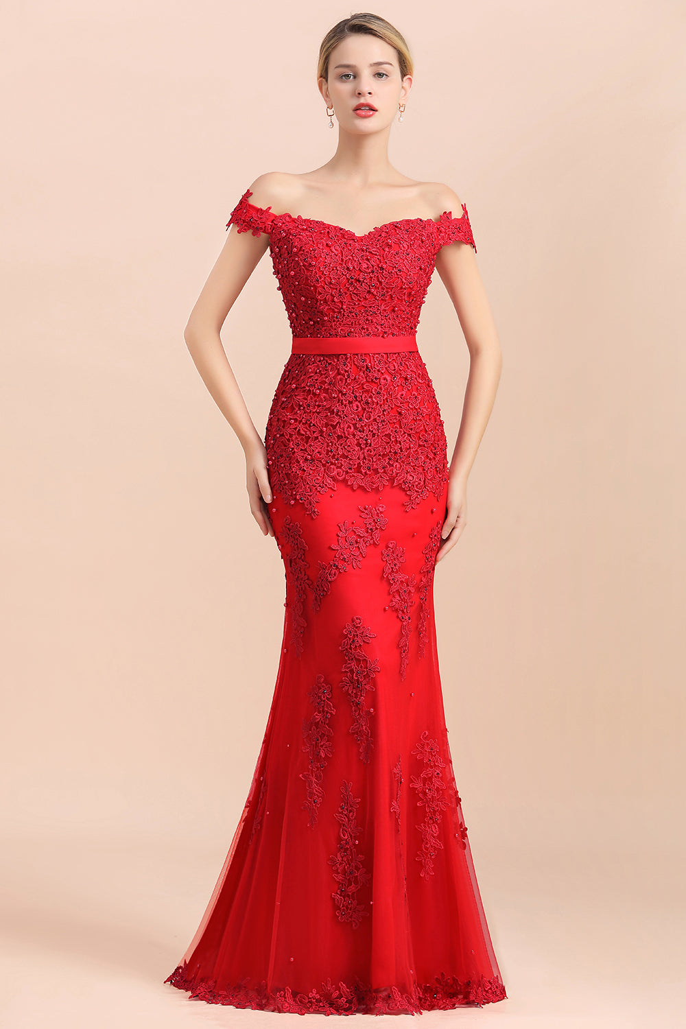 Glamorous Off the Shoulder Appliques Lace Tulle Mermaid Bridesmaid Dress