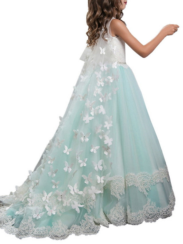 Long A-line Jewel Neck Floor Length Tulle Lace Party Flower Girl Dresses with Appliques Lace