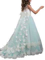 Long A-line Jewel Neck Floor Length Tulle Lace Party Flower Girl Dresses with Appliques Lace