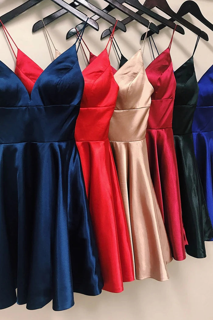 Short A-line V-neck Sleeveless Satin Backless Homecoming Dresses with Pockets