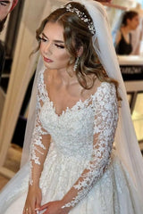 Gorgeous White Long A-line V-neck Lace Wedding Dress with Long Sleeves