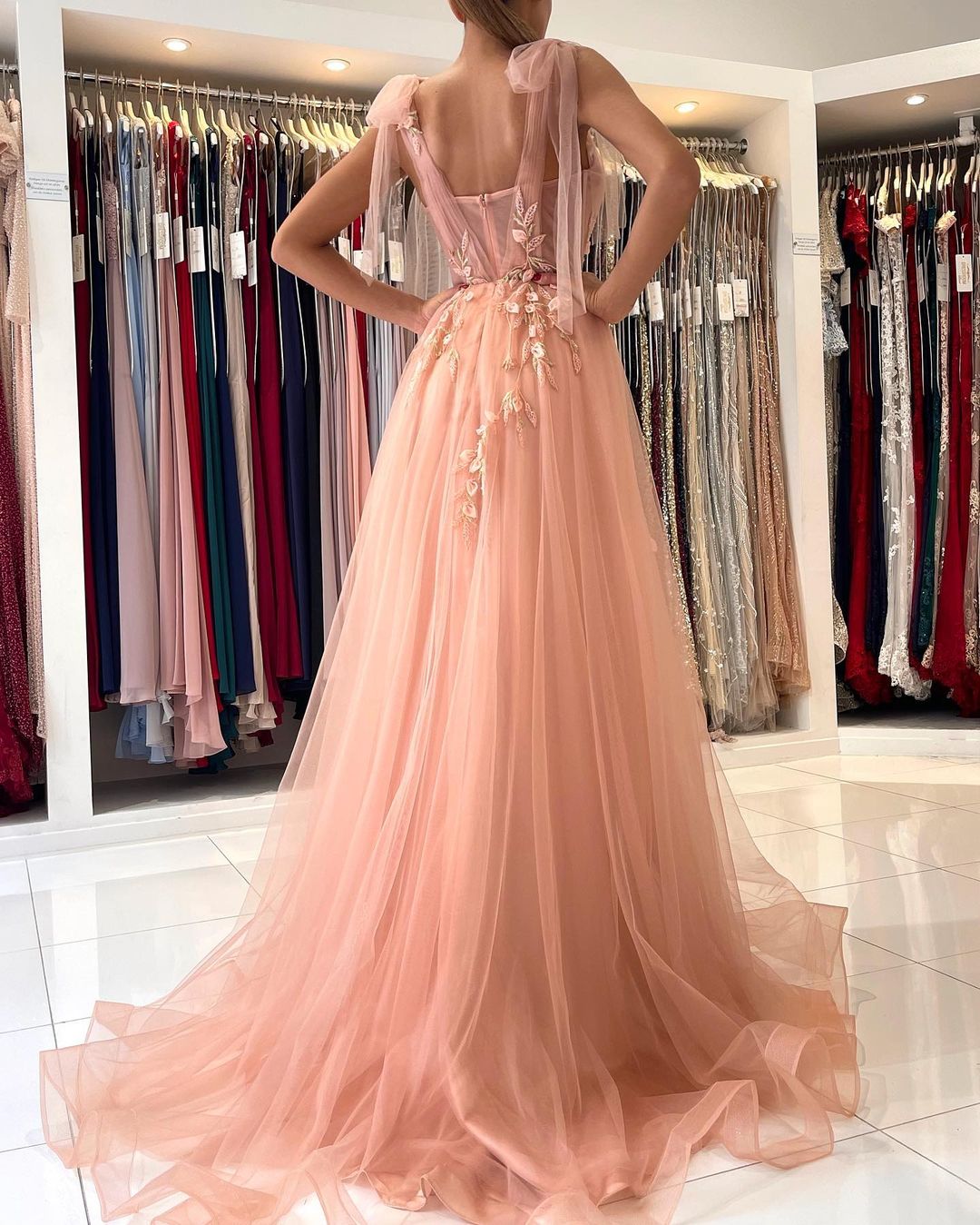 Long A-line Spaghetti Straps Tulle Prom Dress with Slit