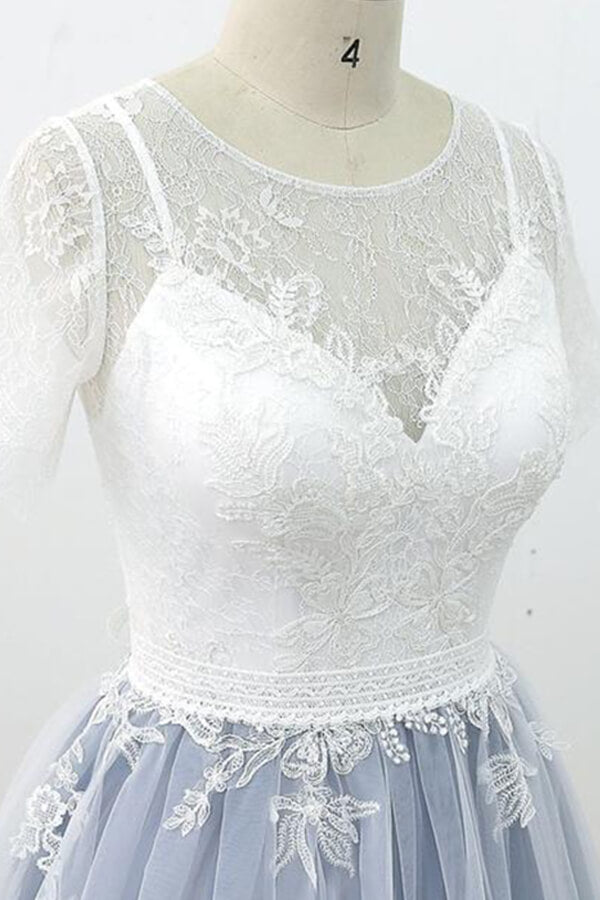Long Appliques Lace Tulle A-line Wedding Dress es with Short Sleeve