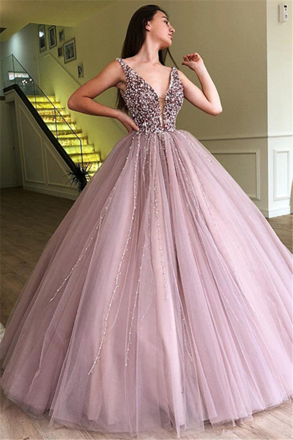 Long Ball Gown V-neck Tulle Beads Prom Dress