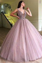 Long Ball Gown V-neck Tulle Beads Prom Dress