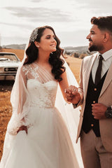 Modest Boho Long A-line One Shoulder Tulle Wedding Dress with Sleeves