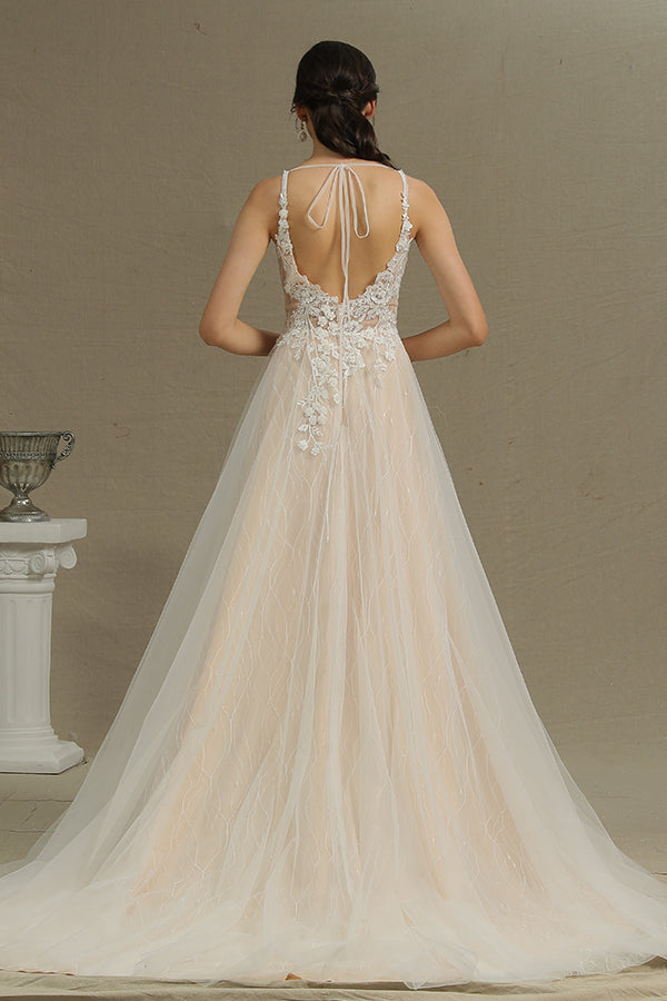 Long Straps Floral Lace Appliques A-line Side Split Backless Wedding Dress