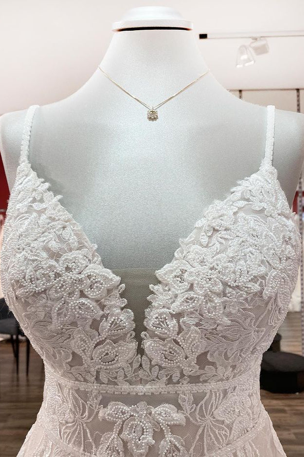 Long A-line V-neck Tulle Sleeveless Ruffles Appliques Lace Backless Wedding Dress