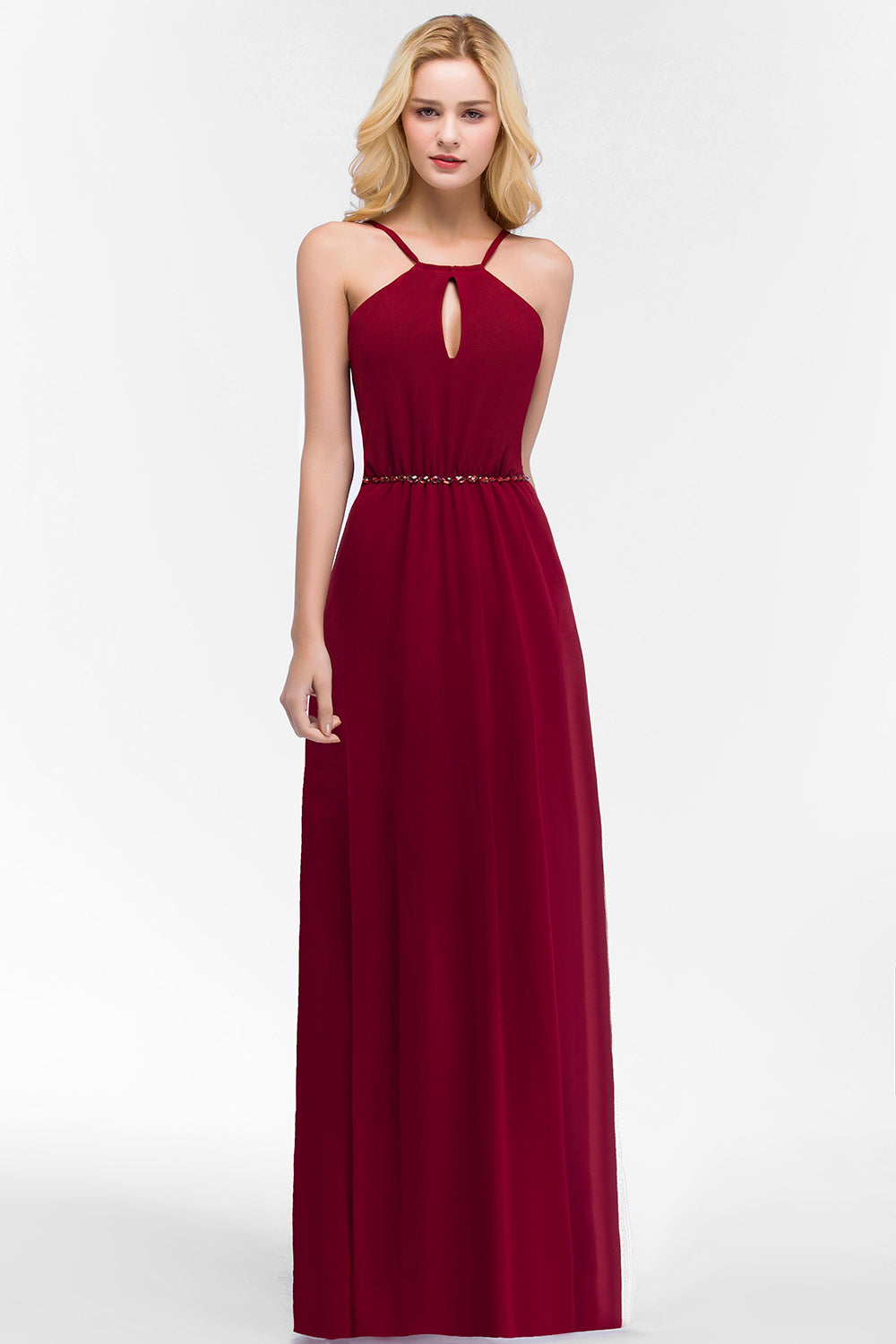 Simple A-Line Chiffon Spaghetti Straps Sleeveless Bridesmaid Dresses with Beading Sash