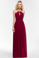 Simple A-Line Chiffon Spaghetti Straps Sleeveless Bridesmaid Dresses with Beading Sash