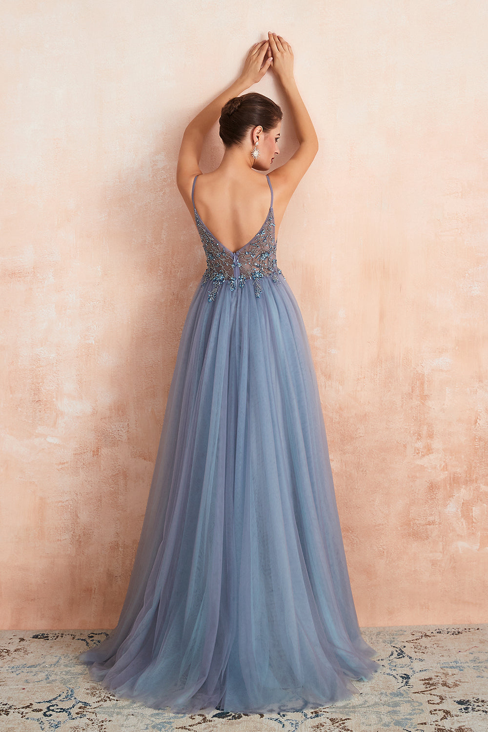 Long V-neck Tulle Beaded A-line Prom Dress with Slit