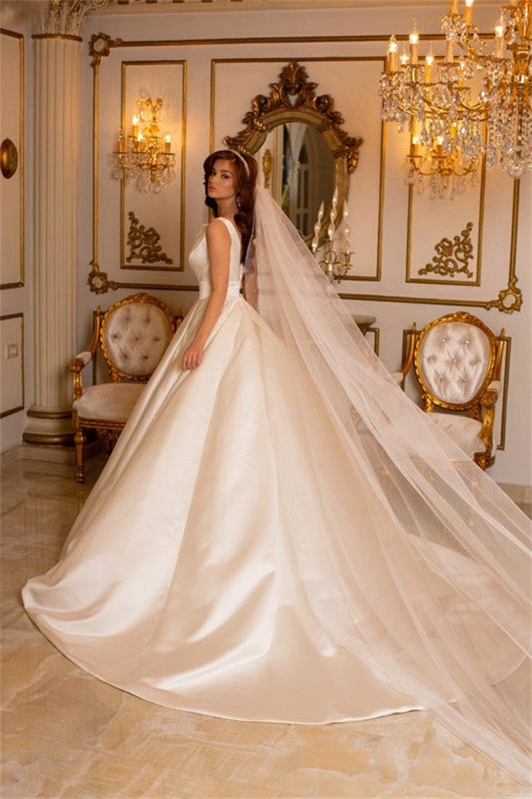 Charming Ivory Long A-line V-neck Satin Wedding Dress with Pockets