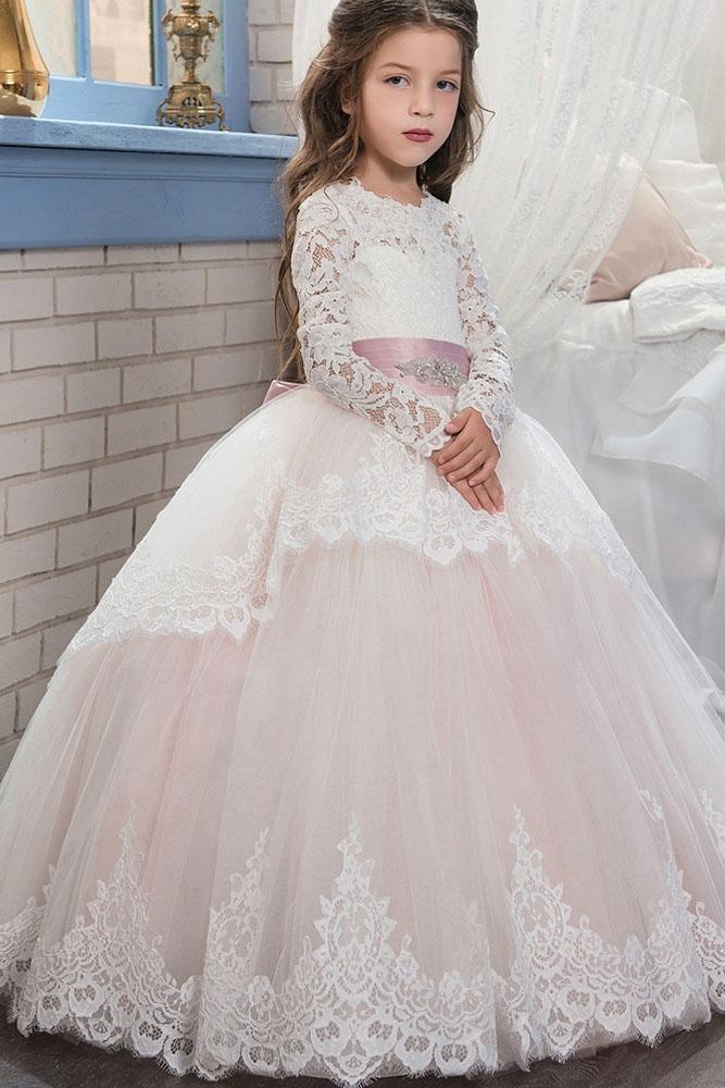 Long Scoop Neck Ball Gown Flower Girl Dress with Long Sleeves