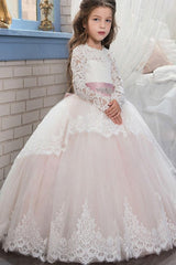 Long Scoop Neck Ball Gown Flower Girl Dress with Long Sleeves