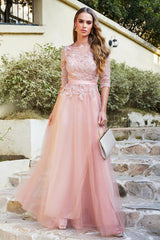 Long A-line Crew Neck Tulle Lace Appliques Evening Dresses with Half Sleeves