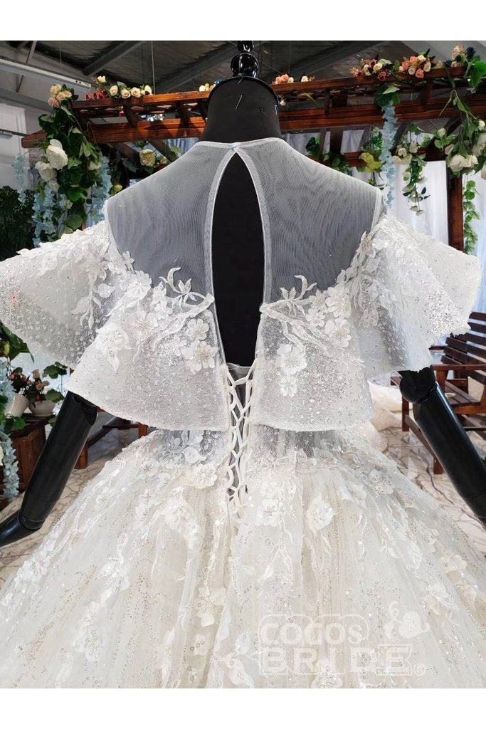 Gorgeous Ball Gown Long Tulle Lace Wedding Dress with Sleeves