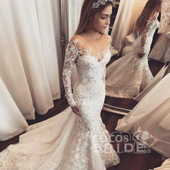Gorgeous Mermaid Illusion Long Sleeves Tulle Appliques Wedding Dress