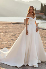 Long A-line off the Shoulder Ruched Satin Wedding Dress with Beads