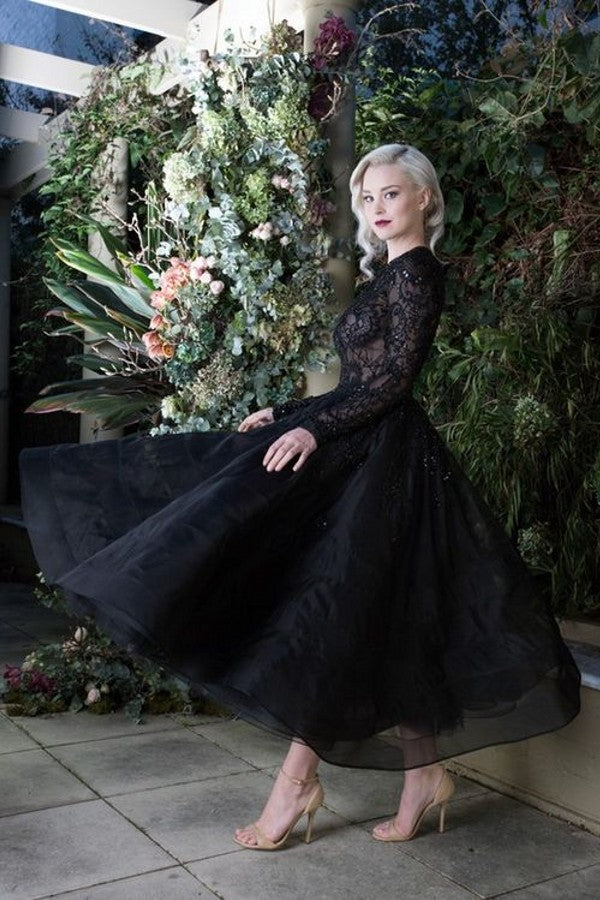 Elegant Black Short Bateau Appliques Lace Tea-length Wedding Dress with Long Sleeve