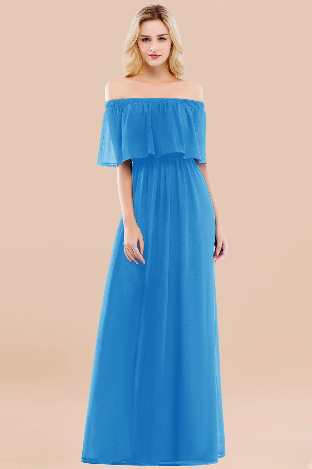 A-line Chiffon Off the Shoulder Short Sleeves Ruffles Floor Length Bridesmaid Dress