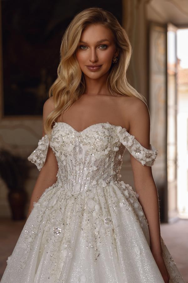 Long Flower Off The Shoulder A Line Open Back Floor Length Wedding Dress