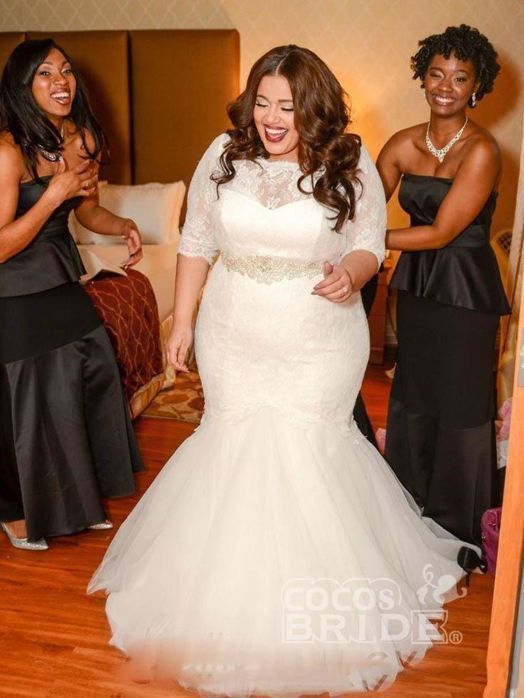 Plus Size Long Lace Half Sleeves Mermaid Wedding Dresses