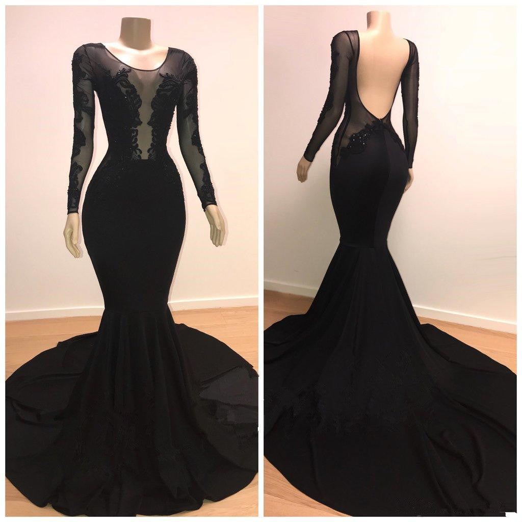 Long Black Scoop Tulle Mermaid Prom Dress with Sleeves