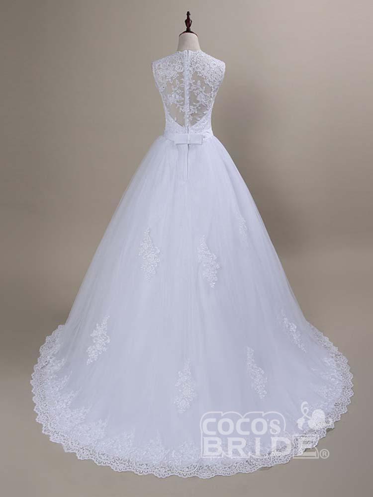 Modest White Long Lace Covered Button Ball Gown Wedding Dresses