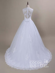 Modest White Long Lace Covered Button Ball Gown Wedding Dresses