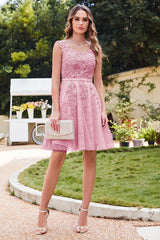 Short A-line Tulle Knee Length Homecoming Dress with Appliques Lace