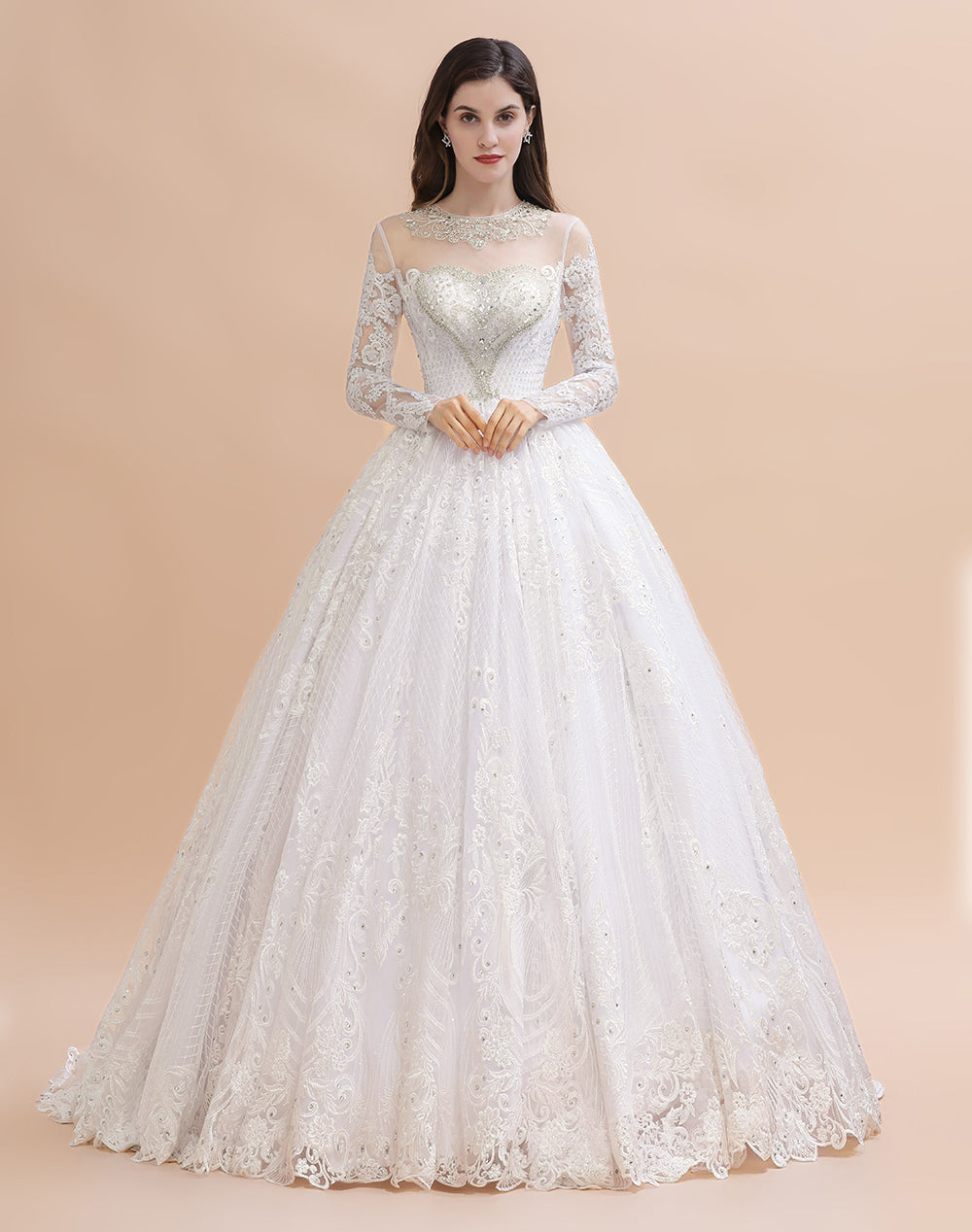 Long Sleeves A-line Lace Beads Tulle Wedding Dress