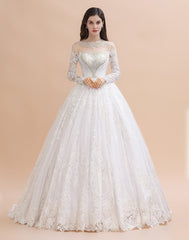 Long Sleeves A-line Lace Beads Tulle Wedding Dress